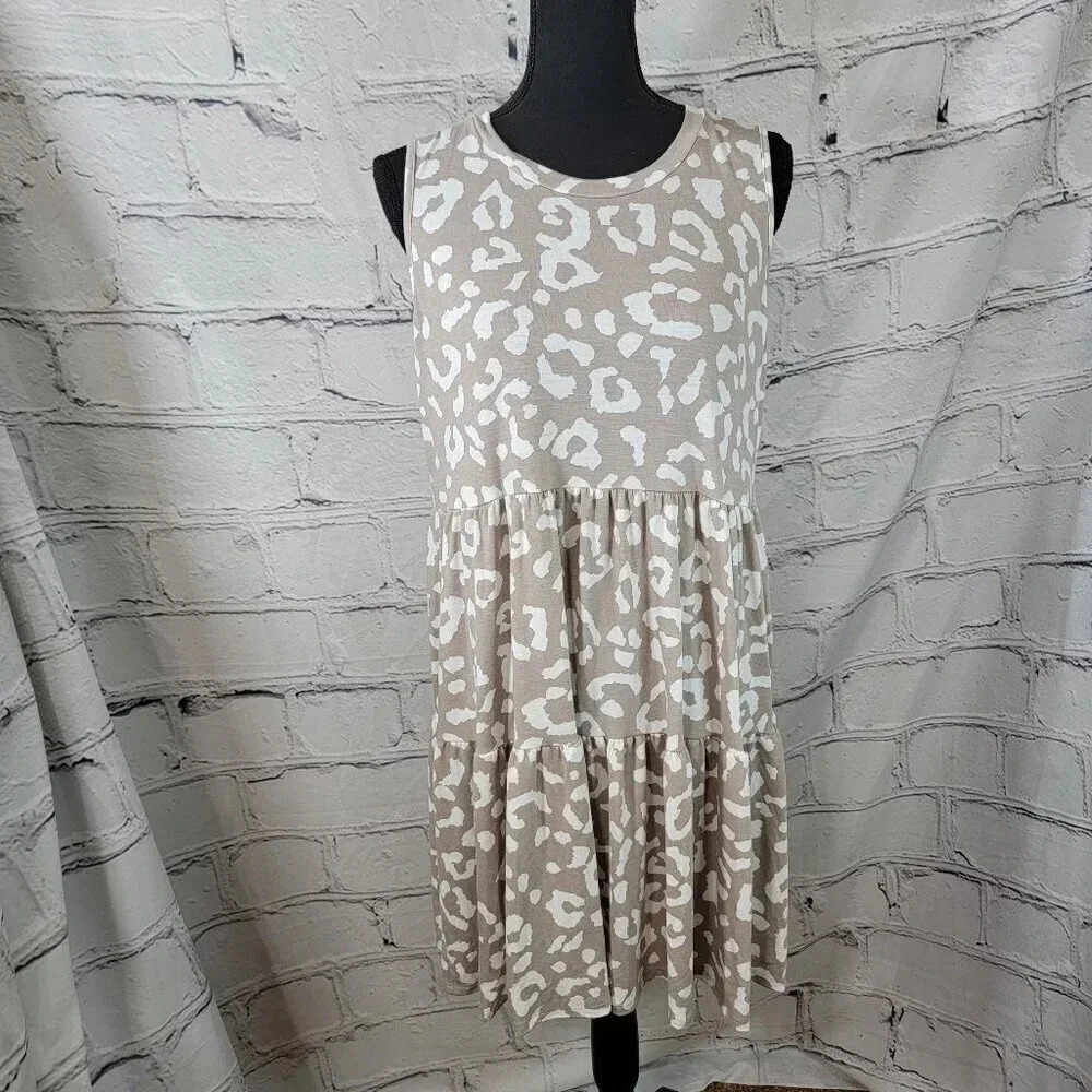 First Love‎ Womens Lg Leopard Print Sleeveless  Tiered Dress Lightweight Summer